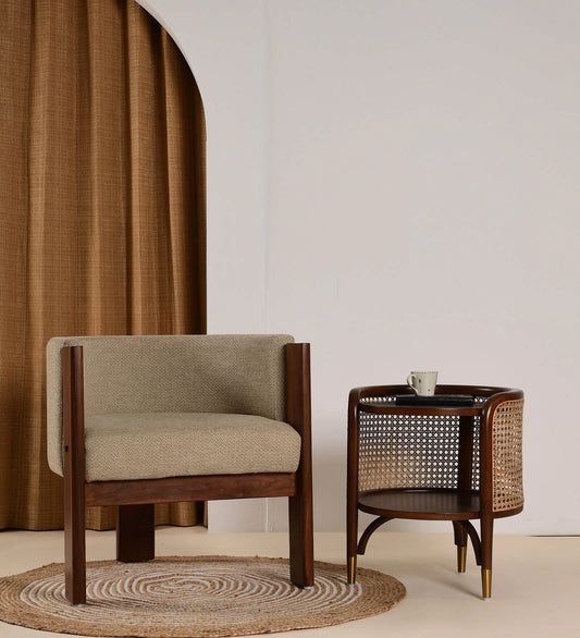 Monolo Fabric Arm Chair In Teak Finish