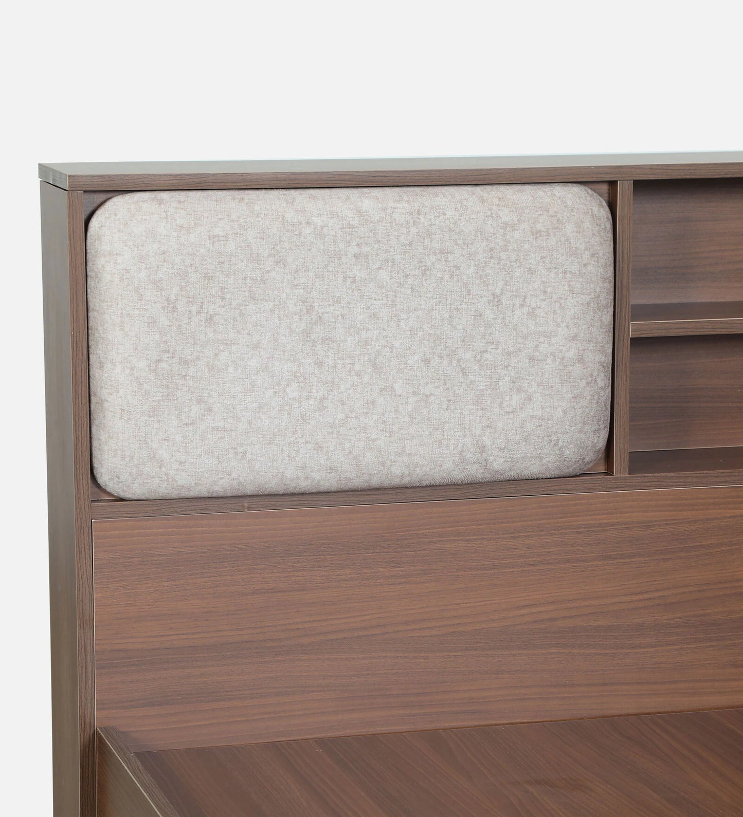 King size Bed in Planked Walnut Finish with Box Storage & Upholstered Headboard Storage