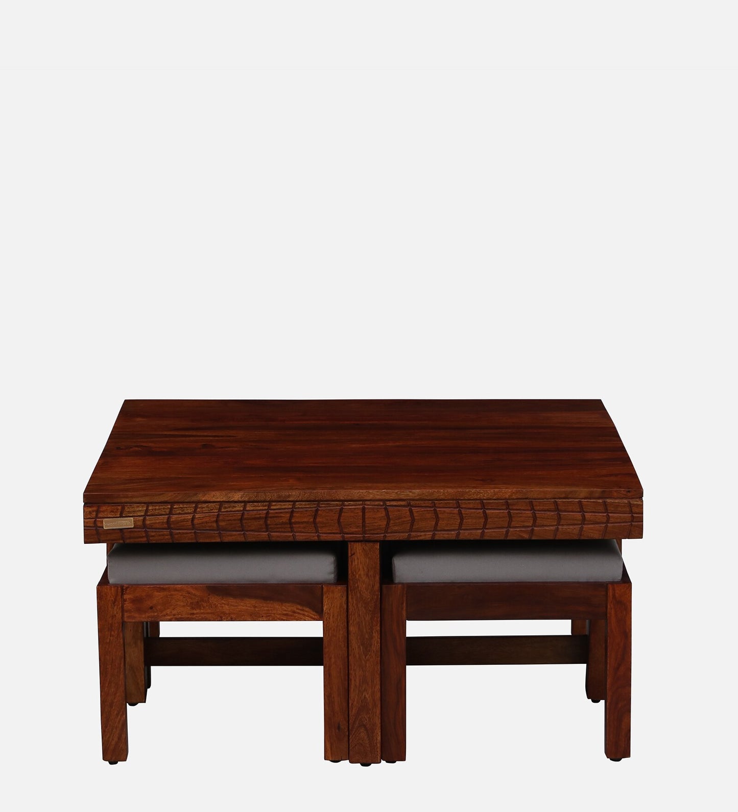Sheesham Wood Nesting Coffee Table Set in Scratch Resistant Honey Oak Finish With Cushioned Stools