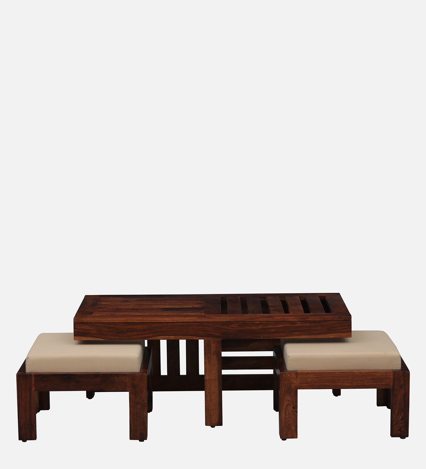 Solid Wood Nesting Coffee Table Set in Honey Oak Finish With Cushioned Stools