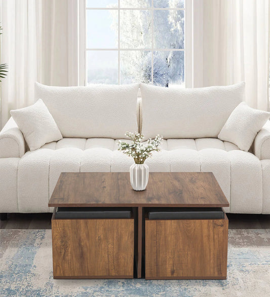 Nesting Coffee Table With 4 Stools In Classic Walnut Finish