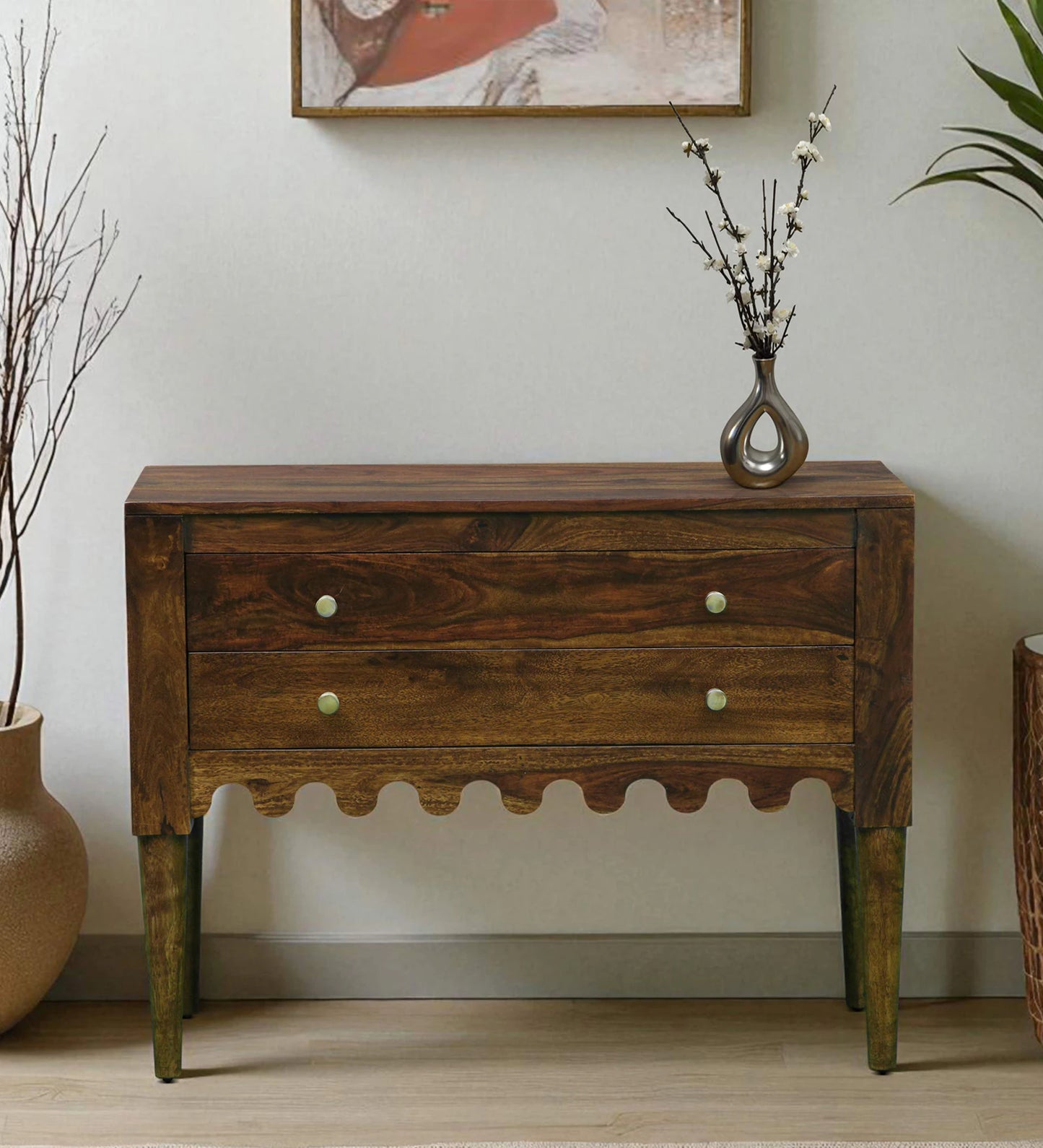 Ravenel Sheesham Wood Two Drawer Console Table In Provincial Teak Finish