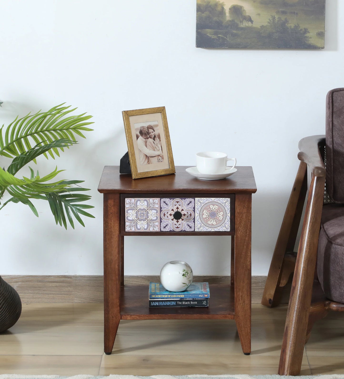 Zellige Solid Wood End Table In Tubbaq Finish With Drawer