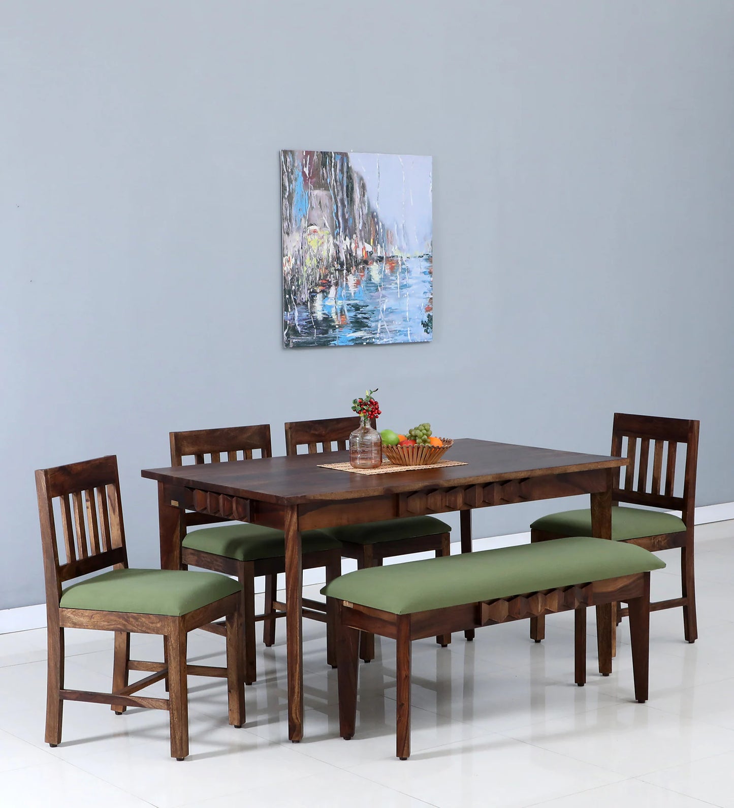 Sheesham Wood 6 Seater Dining Set In Provincial Teak Finish With Bench