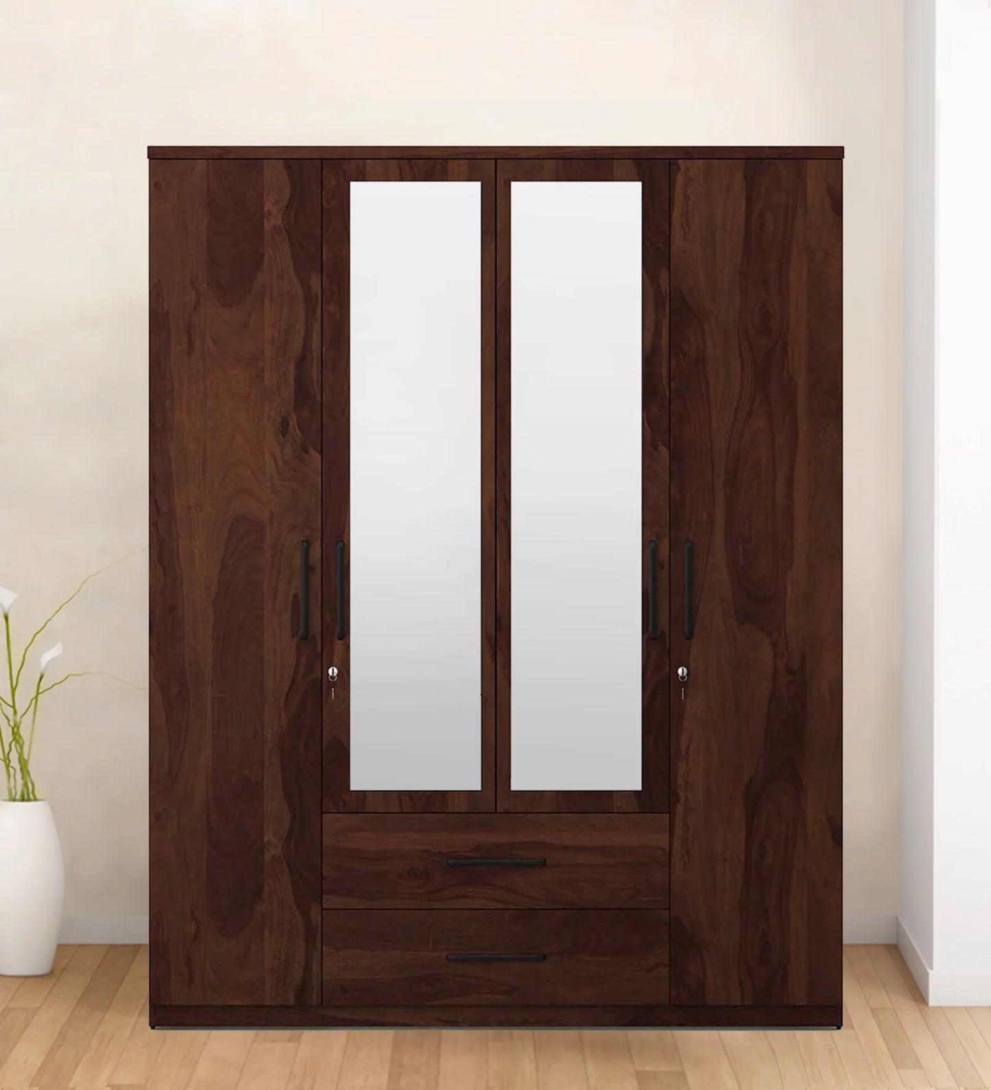 4 Door Wardrobe With Mirror In Sheesham Woodpore Finish With Locker & Drawer