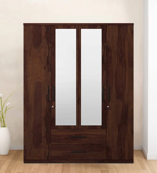 4 Door Wardrobe With Mirror In Sheesham Woodpore Finish With Locker & Drawer