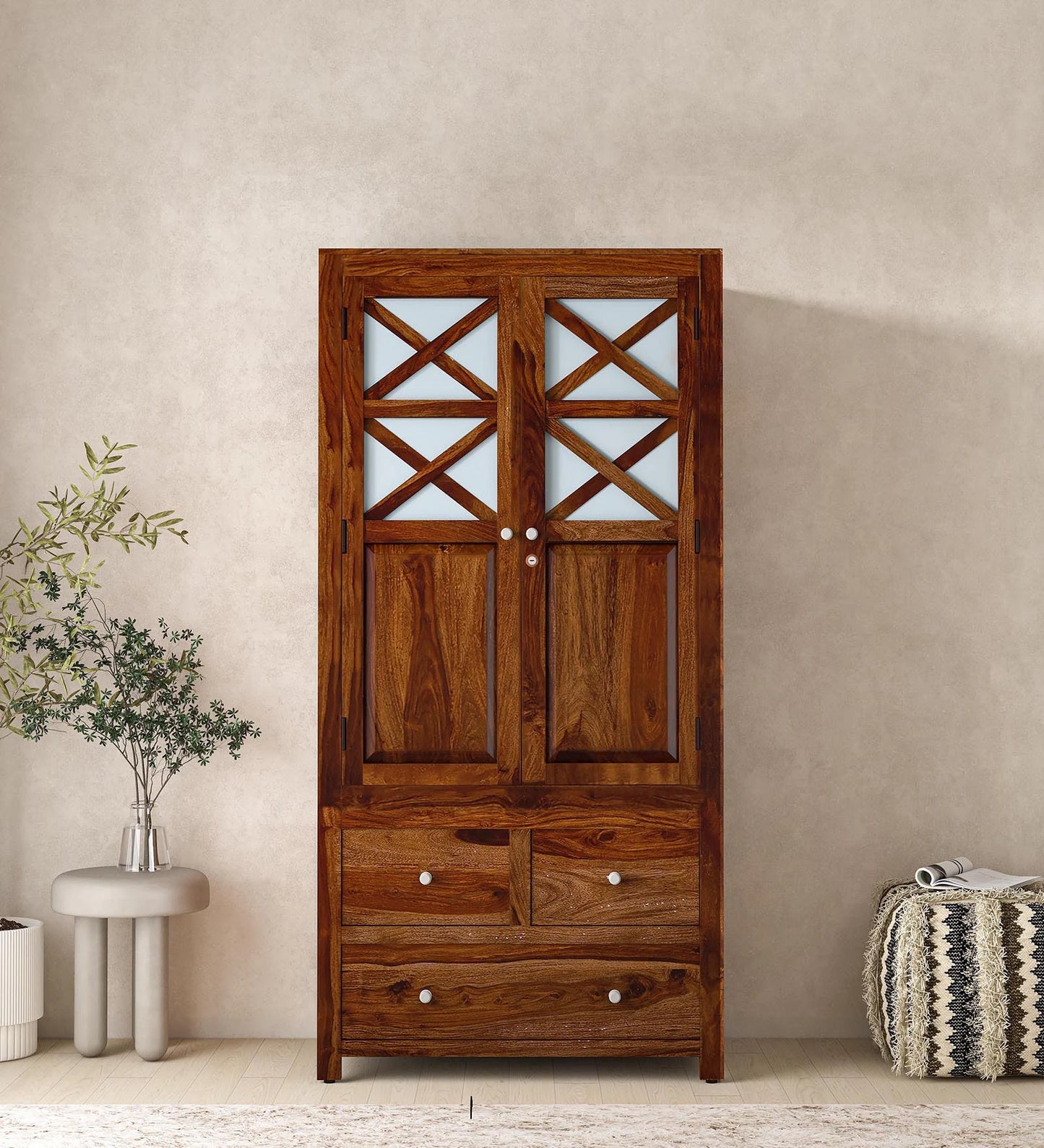 Sheesham Wood 2 Door Wardrobe In Scratch Resistant Provincial Teak Finish With Drawer