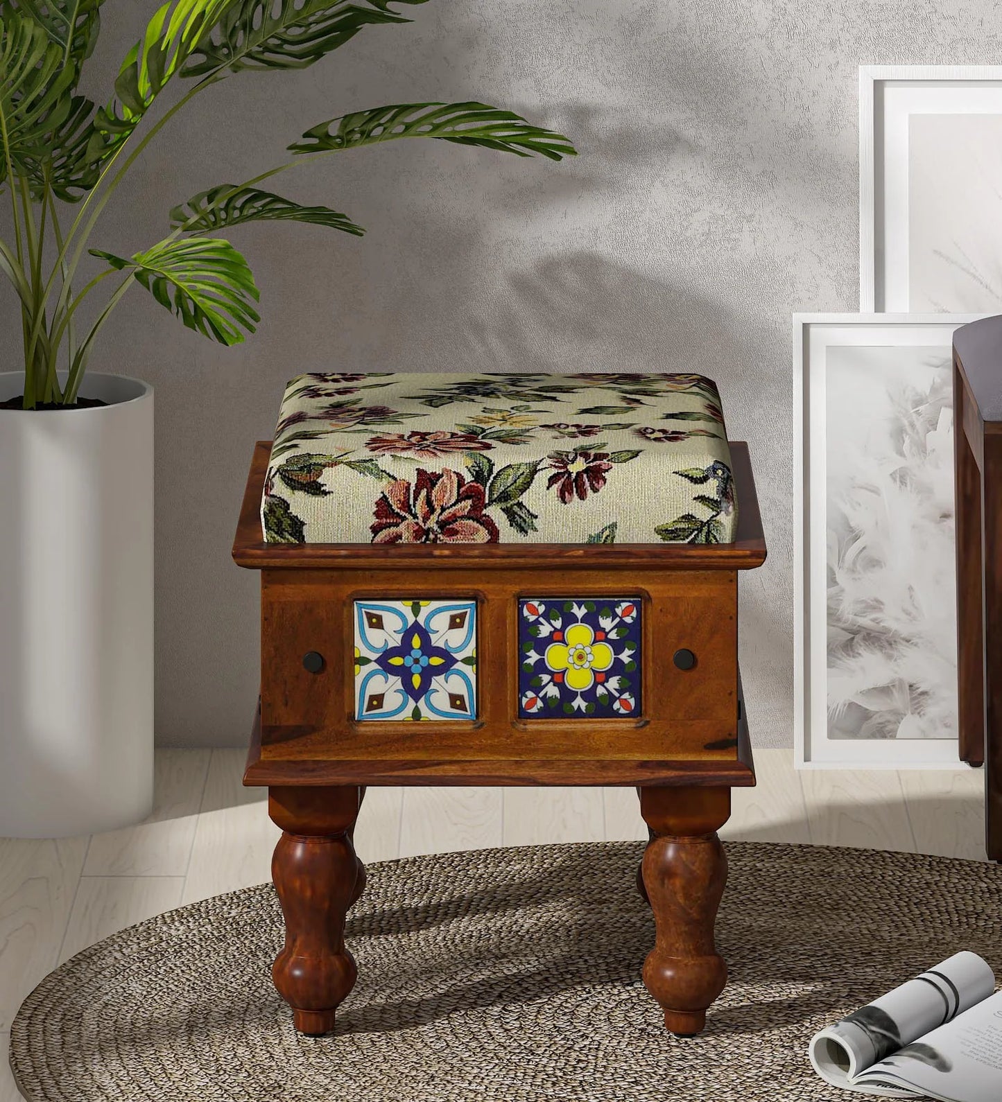 Sheesham Wood Seating Stool In Honey Oak Finish With Multicolor Cushion
