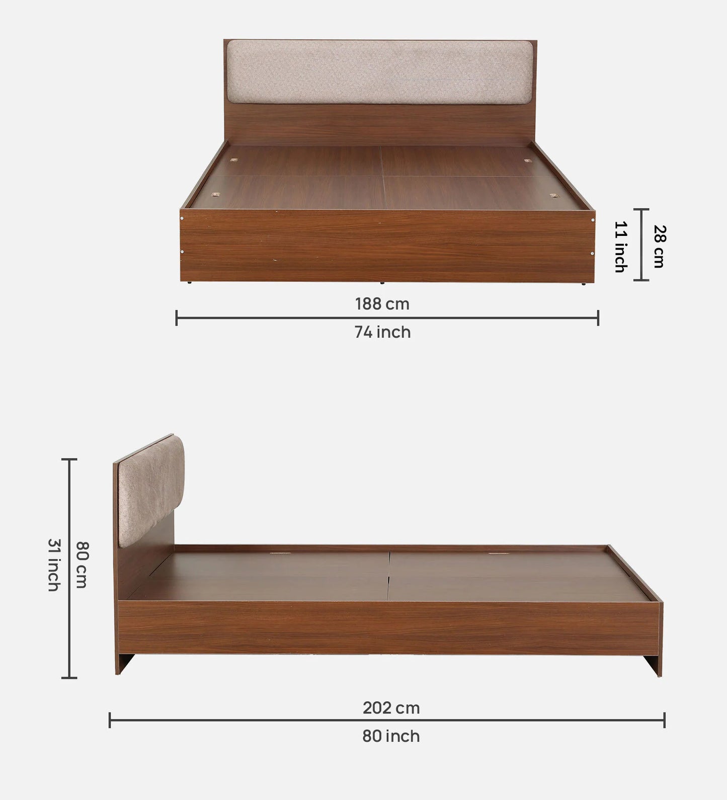 King size Bed in Planked Walnut Finish with Upholstered Headboard