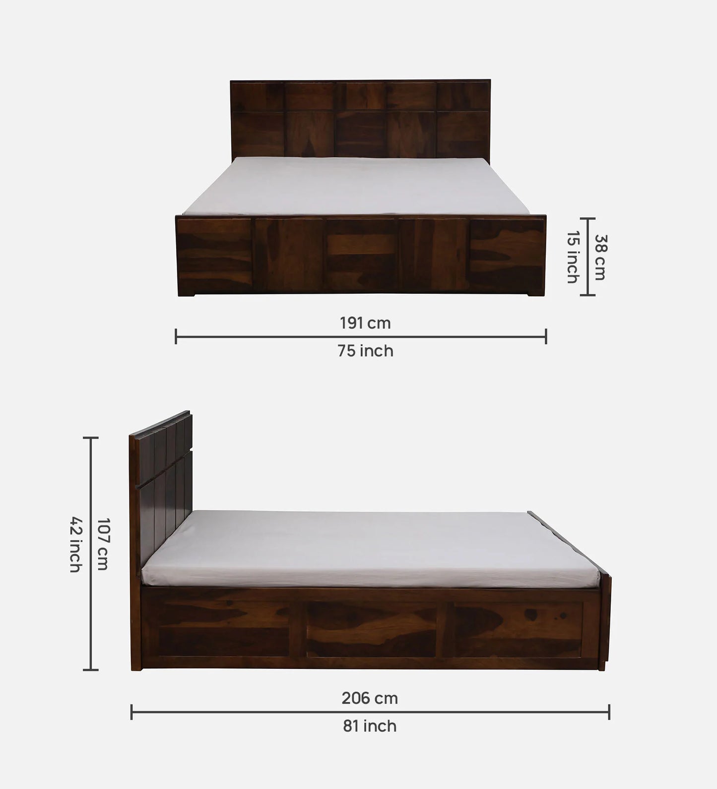 Sheesham Wood King Size Bed In Provincial Teak Finish With Hydraulic Storage