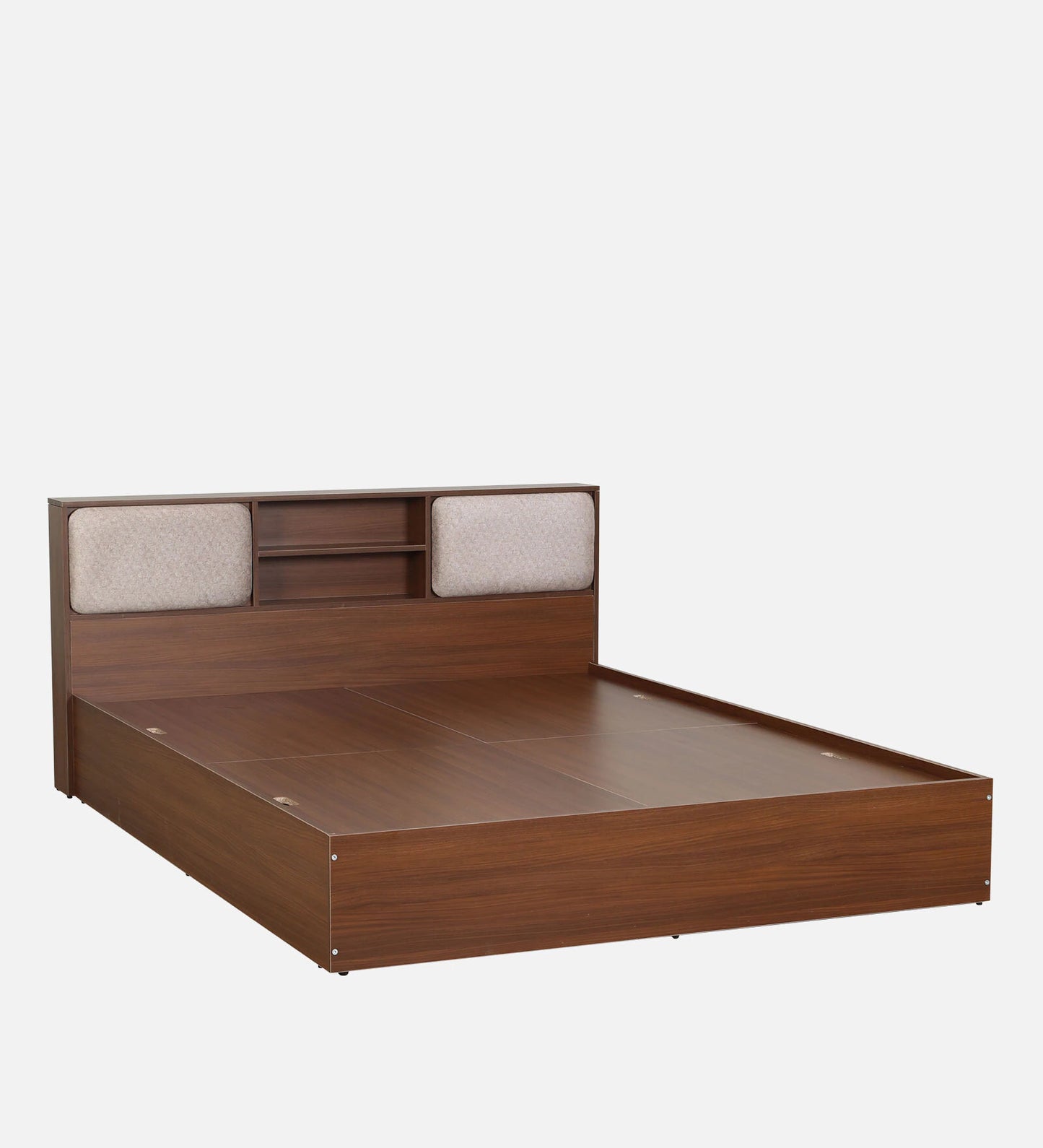 King size Bed in Planked Walnut Finish with Box Storage & Upholstered Headboard Storage
