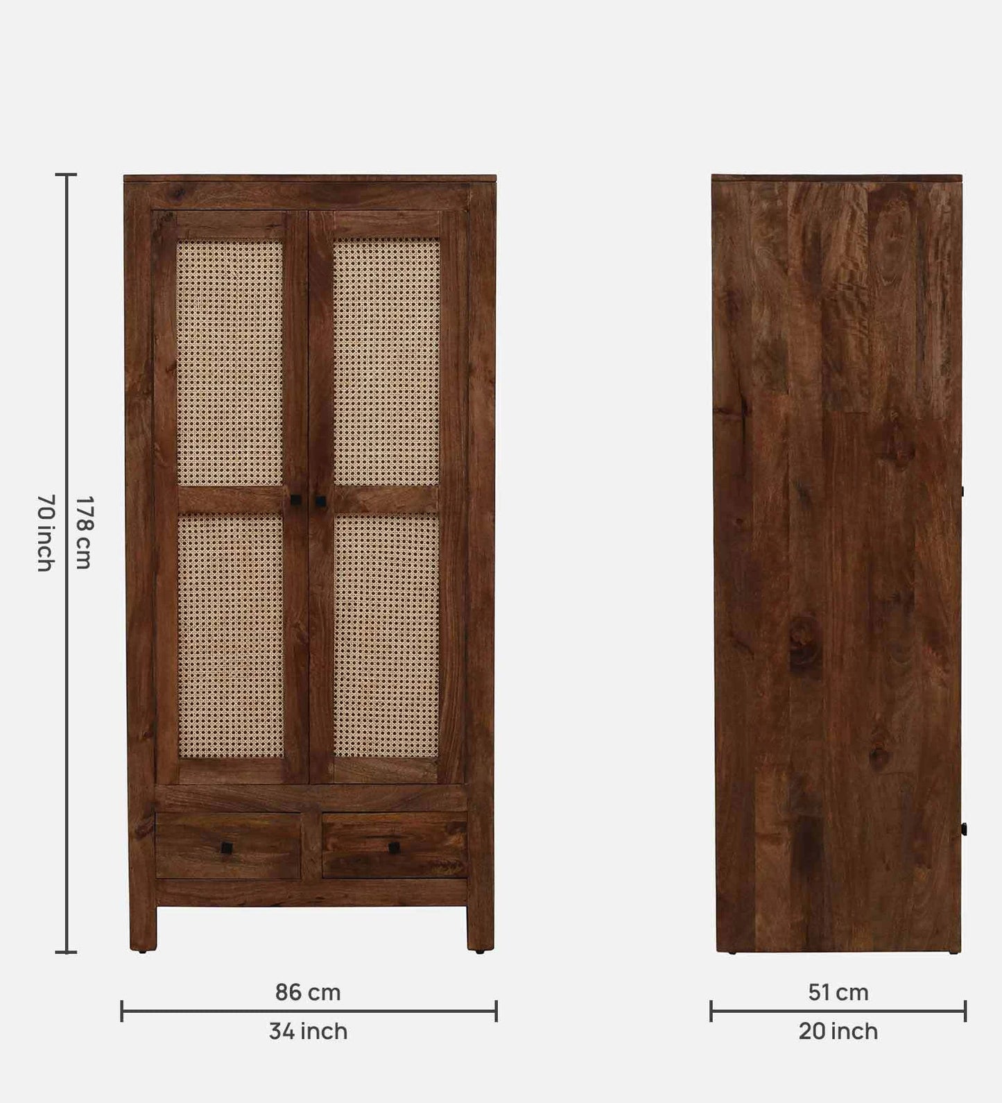 Mango Wood 2 Door Wardrobe In Rustic Teak Finish With Drawer