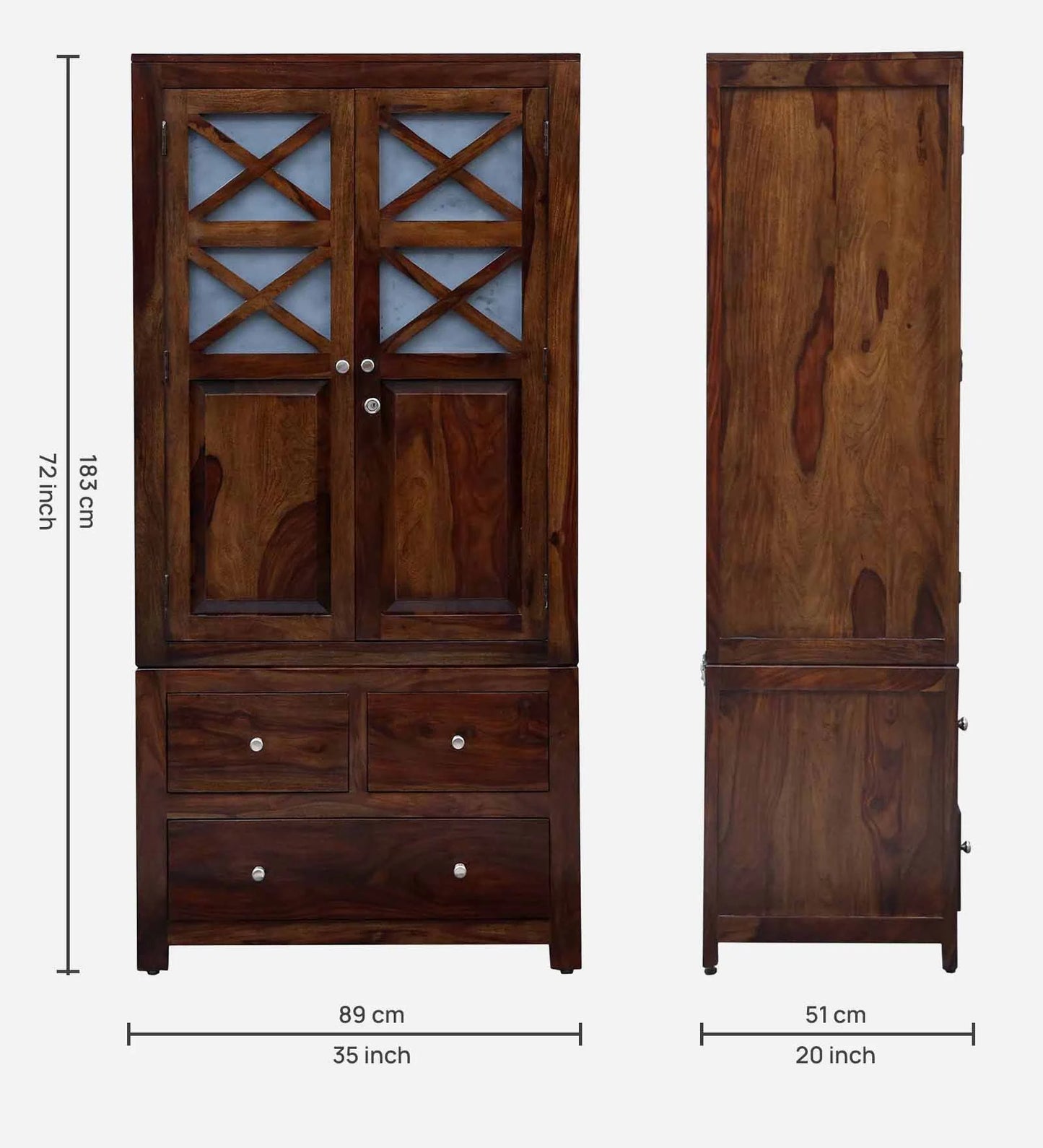 Sheesham Wood 2 Door Wardrobe In Scratch Resistant Provincial Teak Finish With Drawer
