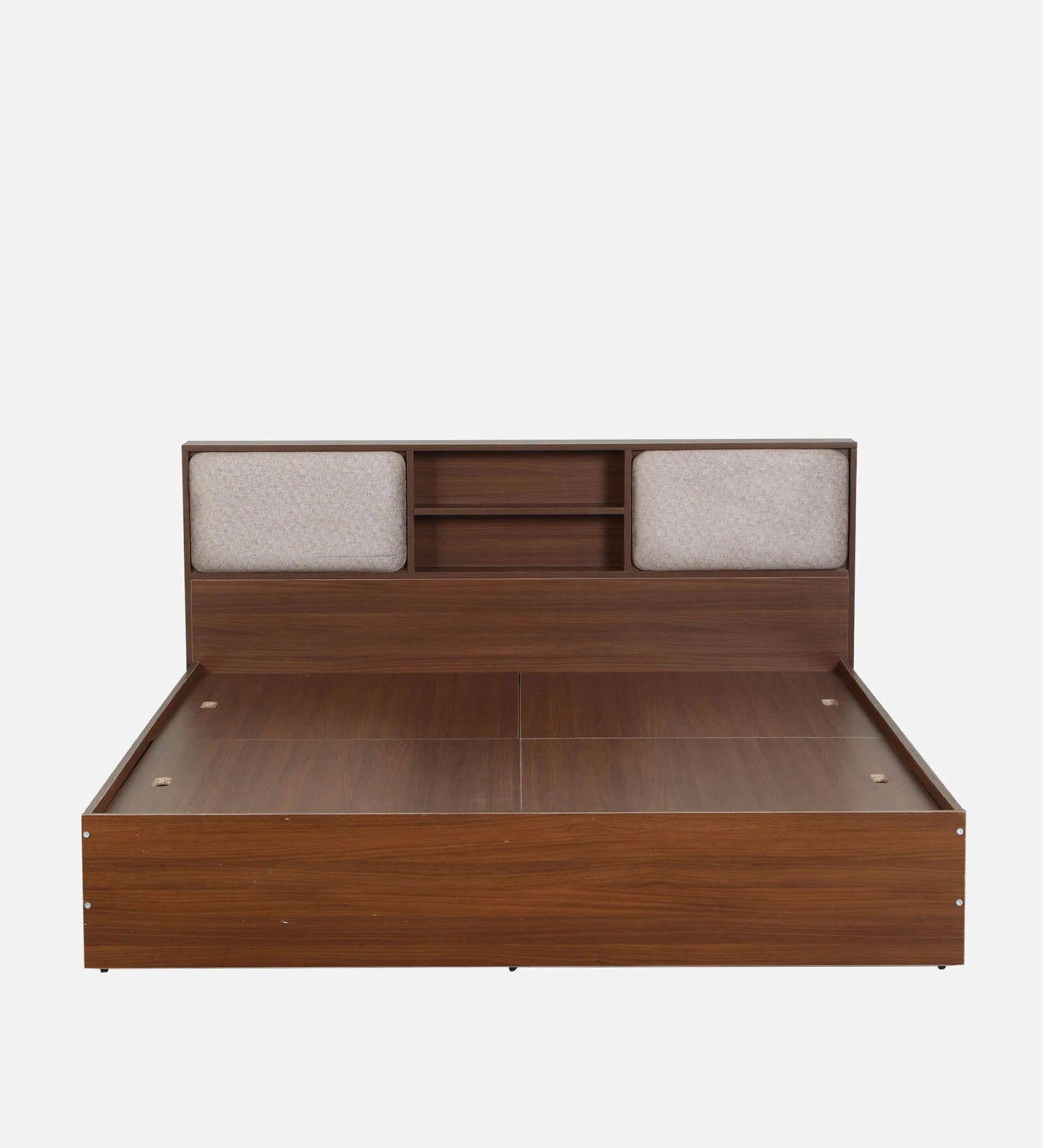 King size Bed in Planked Walnut Finish with Box Storage & Upholstered Headboard Storage