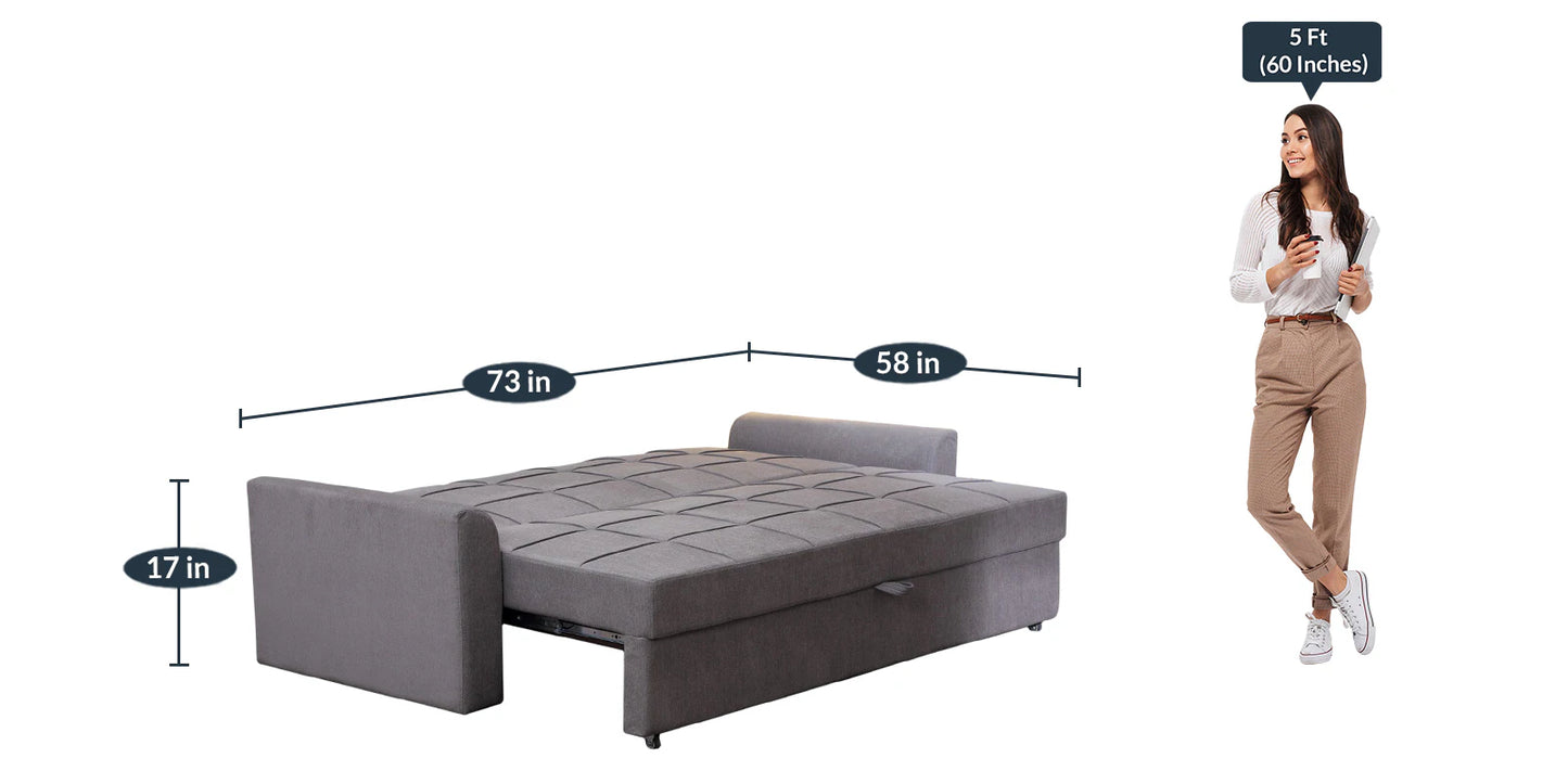 Fabric Pull Out Sofa Cum Bed In Sandy Brown Colour With Storage