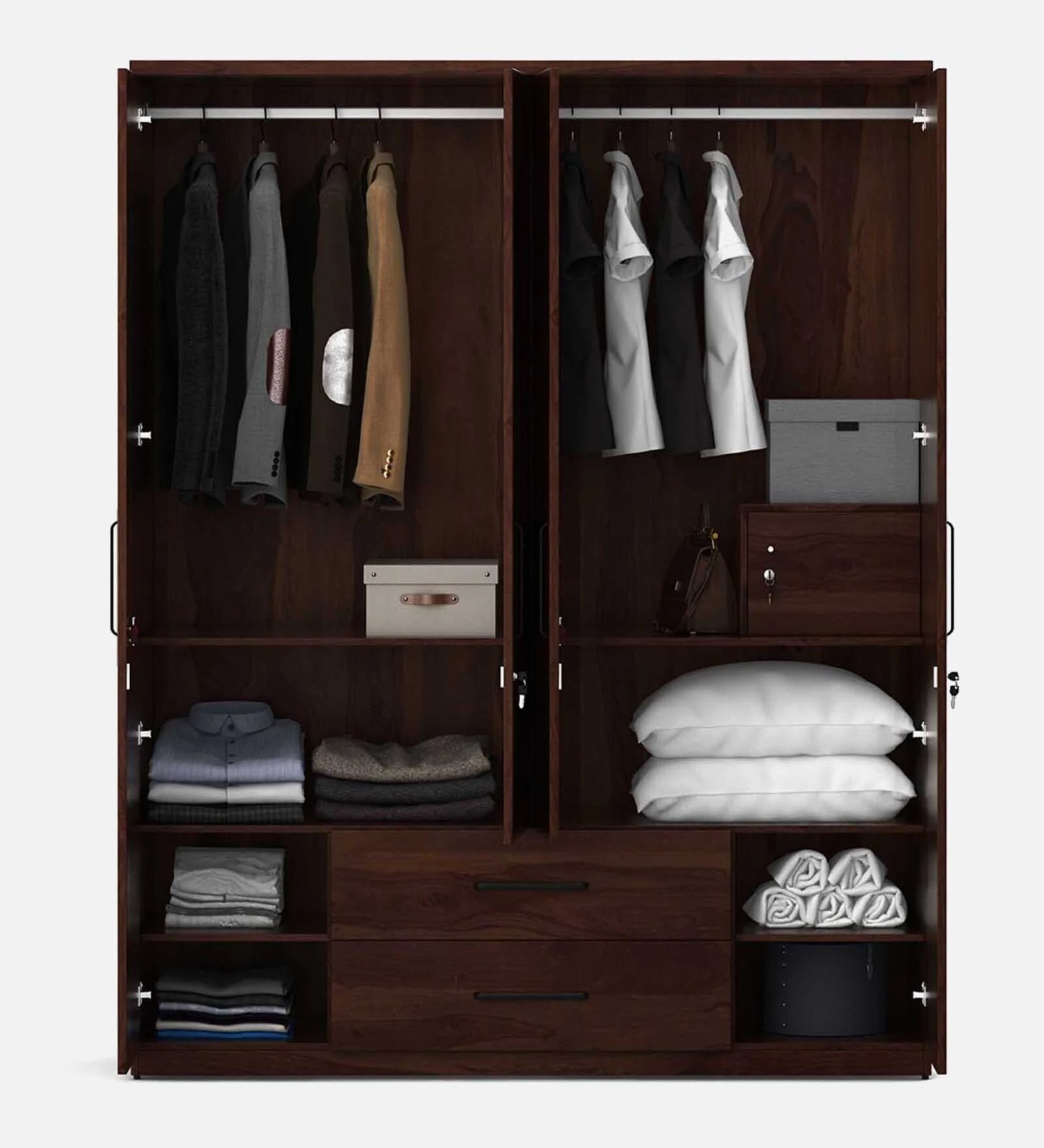 4 Door Wardrobe With Mirror In Sheesham Woodpore Finish With Locker & Drawer