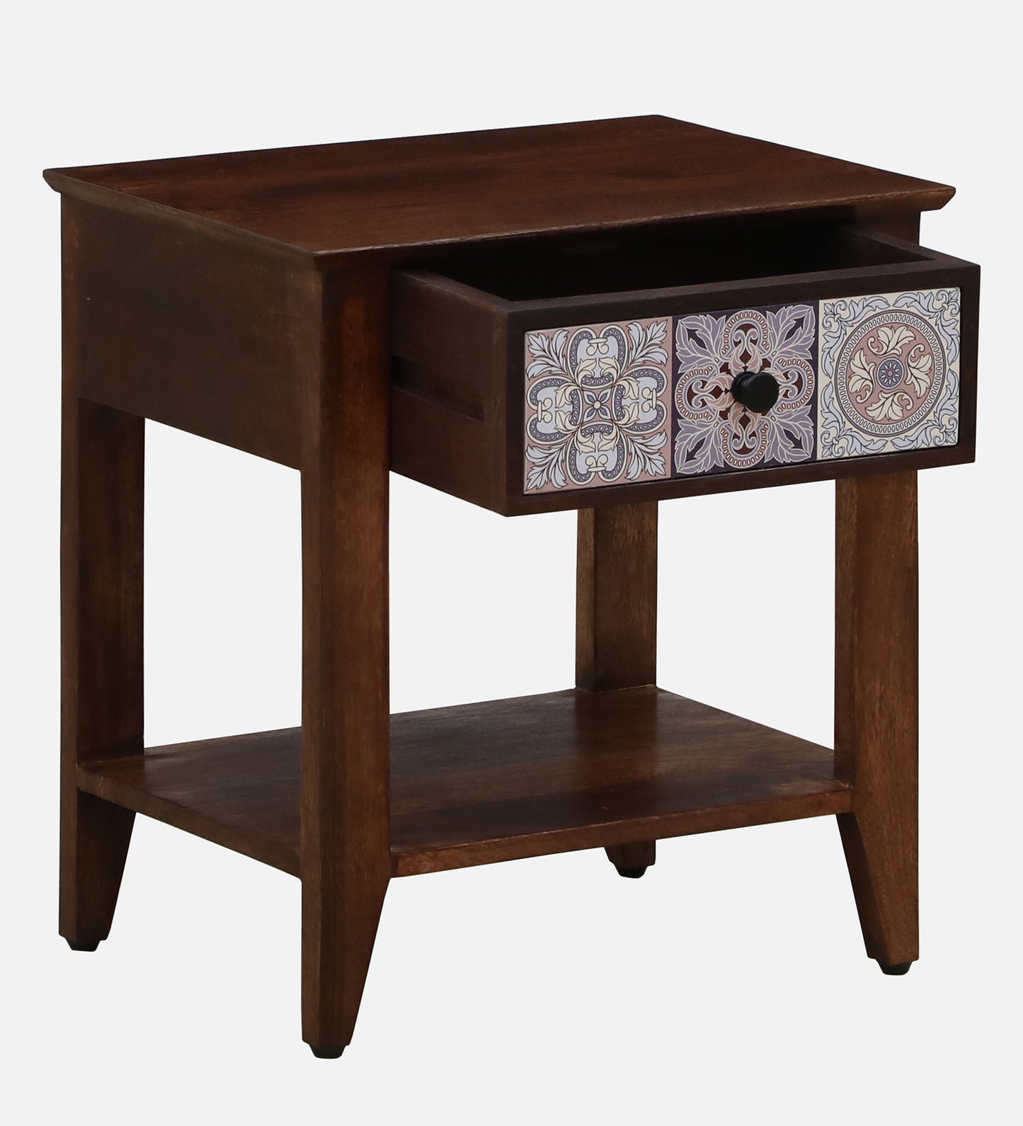 Zellige Solid Wood End Table In Tubbaq Finish With Drawer