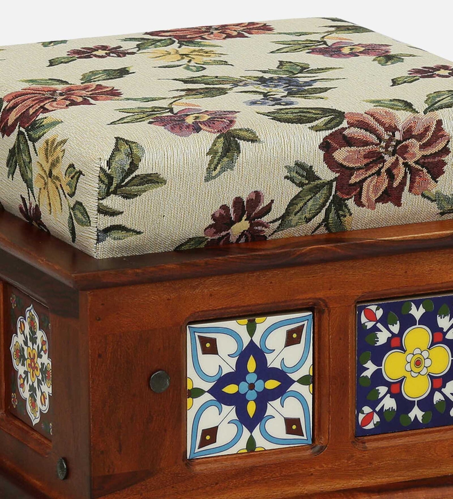 Sheesham Wood Seating Stool In Honey Oak Finish With Multicolor Cushion