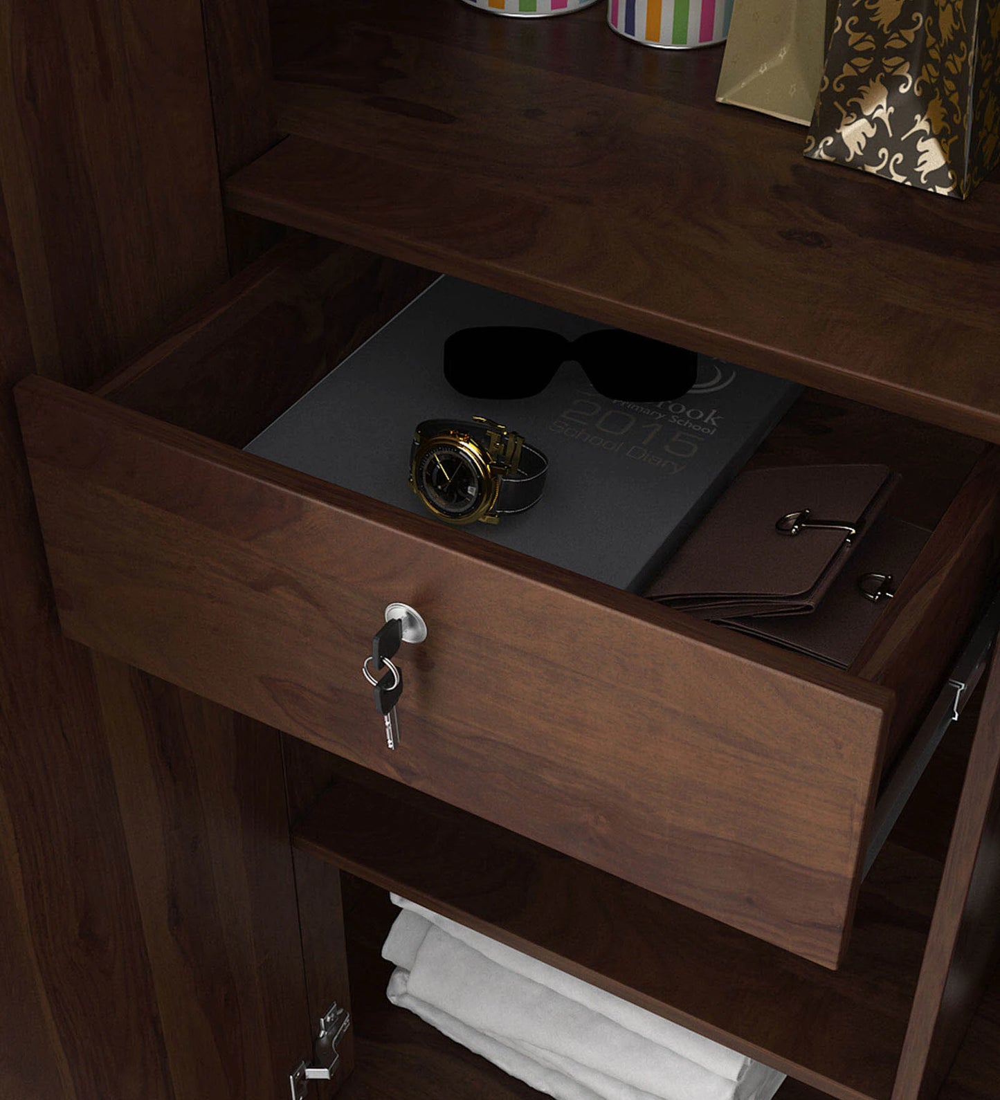 3 Door Wardrobe in Sheesham Finish with Drawer & Locker